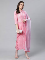 Ahalyaa Women Light Pink Colour Pure Cotton Printed Kurta Pant Set With Dupatta | Grocsy