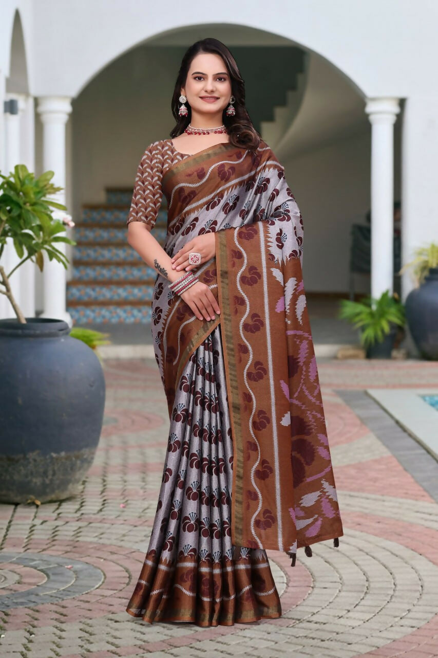 Prime Volt Women's Brown Printed Mal Cotton Saree with Designer Blouse Piece | Grocsy