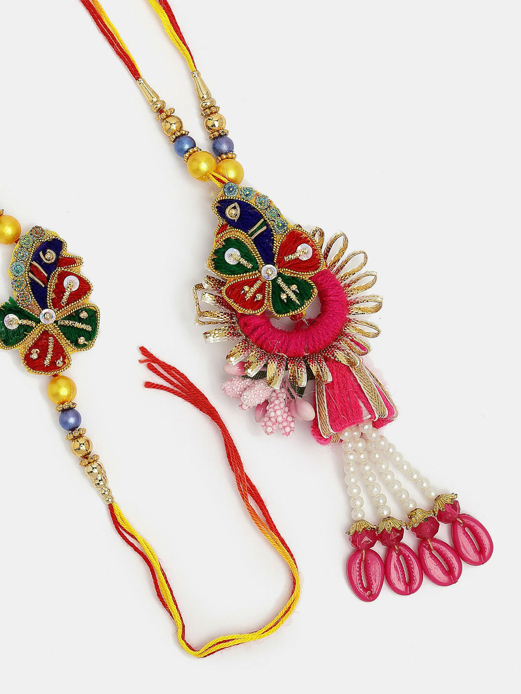 NVR Women & Men Set of 2 Multicolor Thread Work & Beaded Bhaiya Bhabhi Rakhi With Roli Chawal | Grocsy