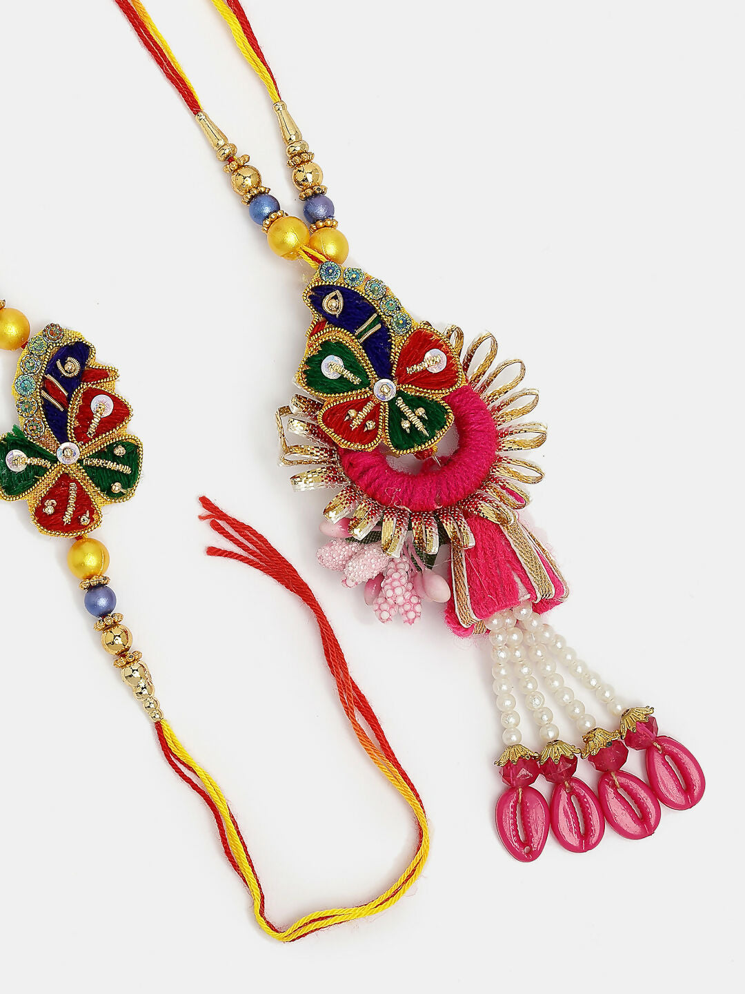 NVR Women & Men Set of 2 Multicolor Thread Work & Beaded Bhaiya Bhabhi Rakhi With Roli Chawal | Grocsy