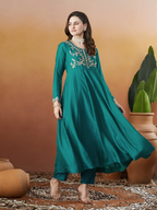 The52 Rama Women's Beautiful Vichitra Silk Fabric Embroidered Work Flared Anarkali Pant and Dupatta Set | Grocsy