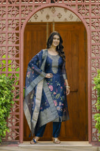 The52 Women's Beautiful Printed Work Jacquard Organza Fabric Straight Kurta Pant and Dupatta Set | Grocsy
