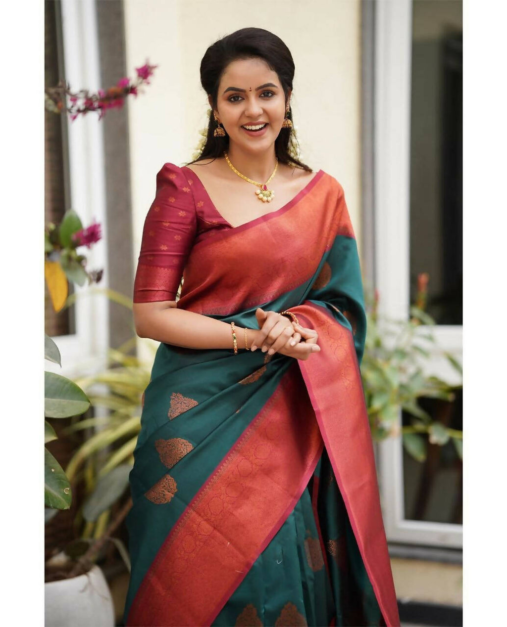 DEIANA'S Beautiful Designer Golden zari Soft Lichi Silk Saree - Rama | Grocsy