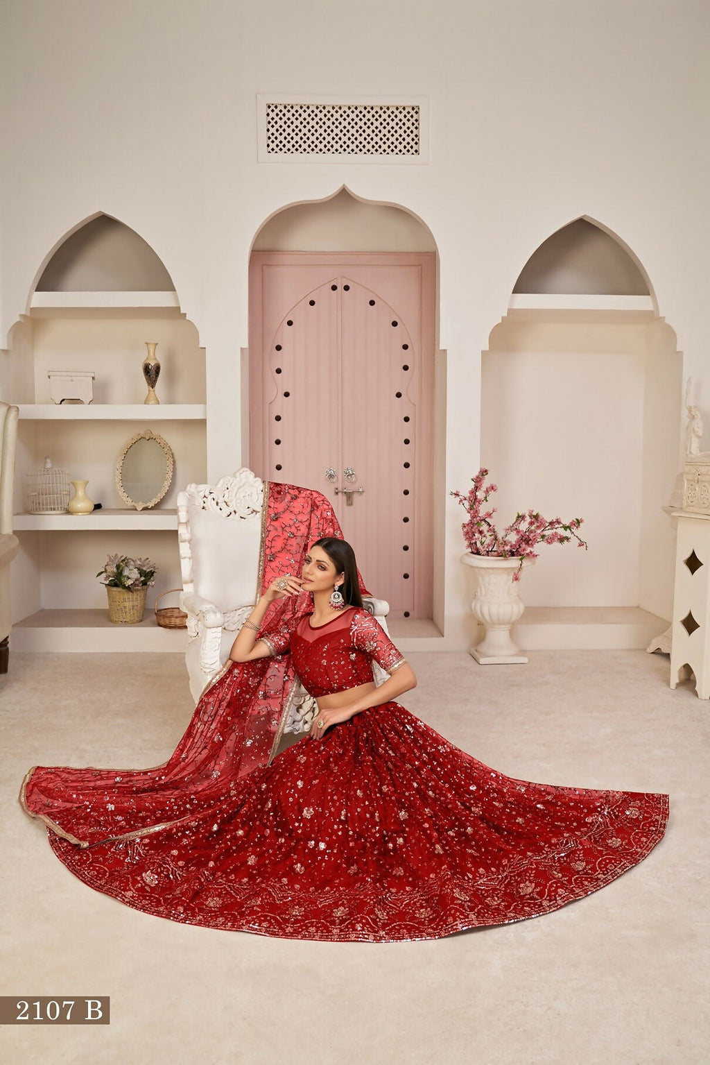 Eilara Women'S Red Butterfly Net Thread With Zari Sandwich Sequence Embroidered Work Lehenga Choli For Wedding | Grocsy