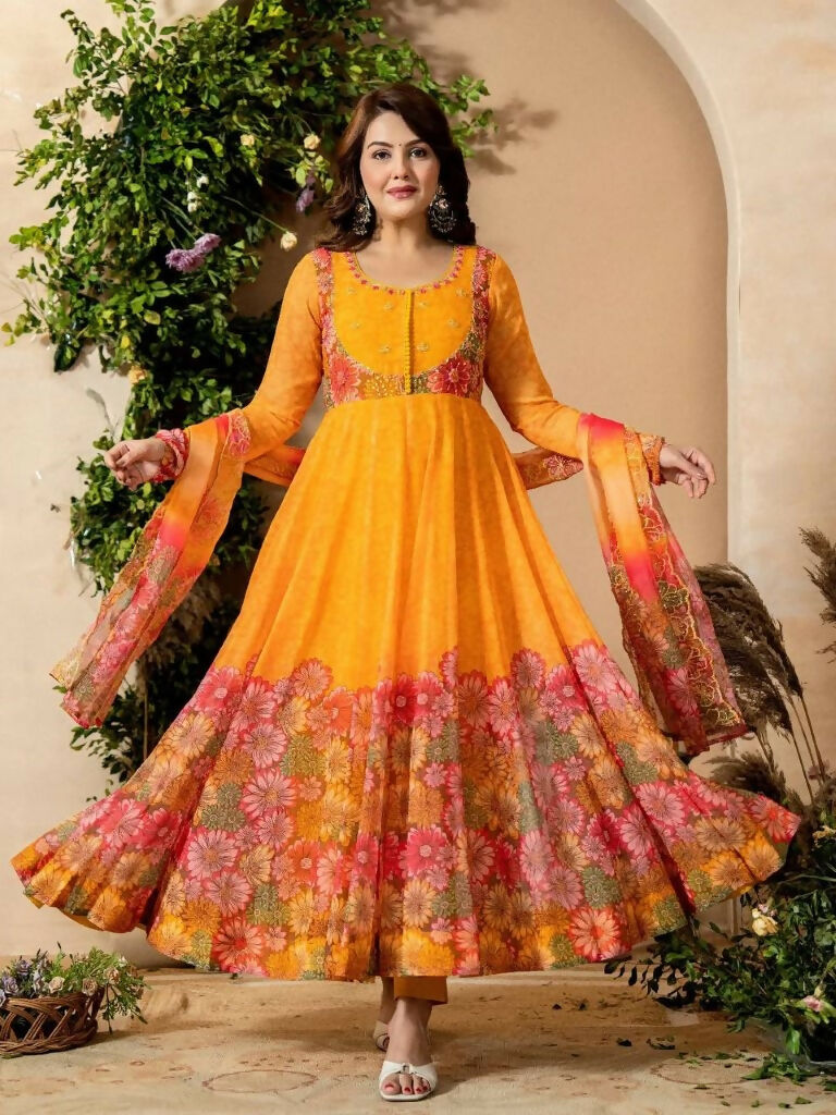 Teeya Creation Multi Color Organza Silk With Digital print With Embroidery Gown | Grocsy