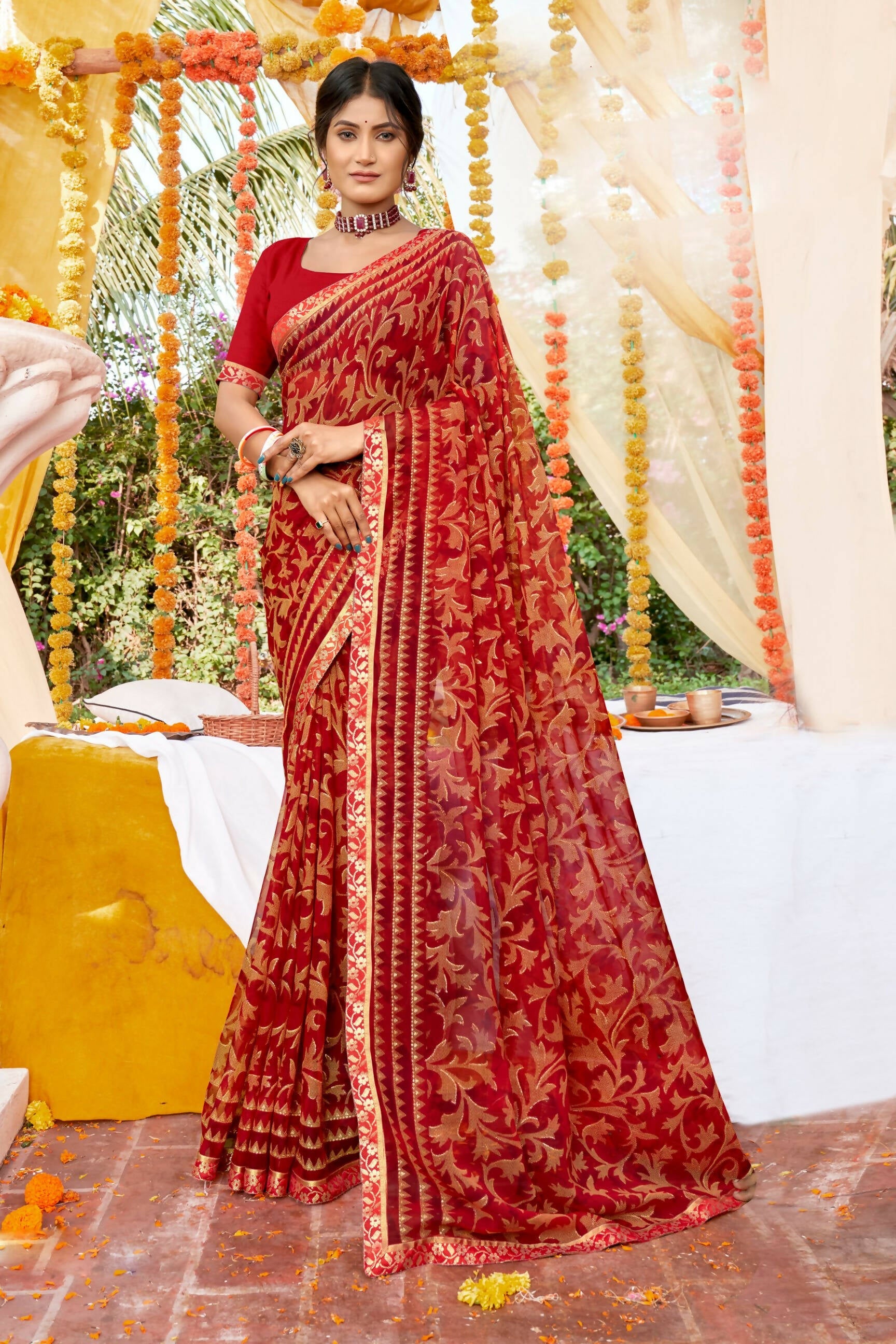 Red Georgette Foil Printed Saree with Unstitched Blouse piece - Avika | Grocsy