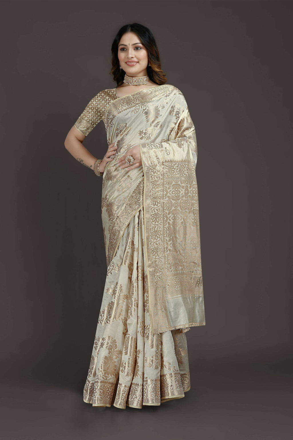 Off White Pure Raw Silk Zari Woven Saree with Unstitched Blouse Piece - Alisha | Grocsy