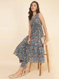 Janasya Women's Blue Cotton Floral Printed Casual Flared Kurta Set | Grocsy