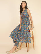 Janasya Women's Blue Cotton Floral Printed Casual Flared Kurta Set | Grocsy