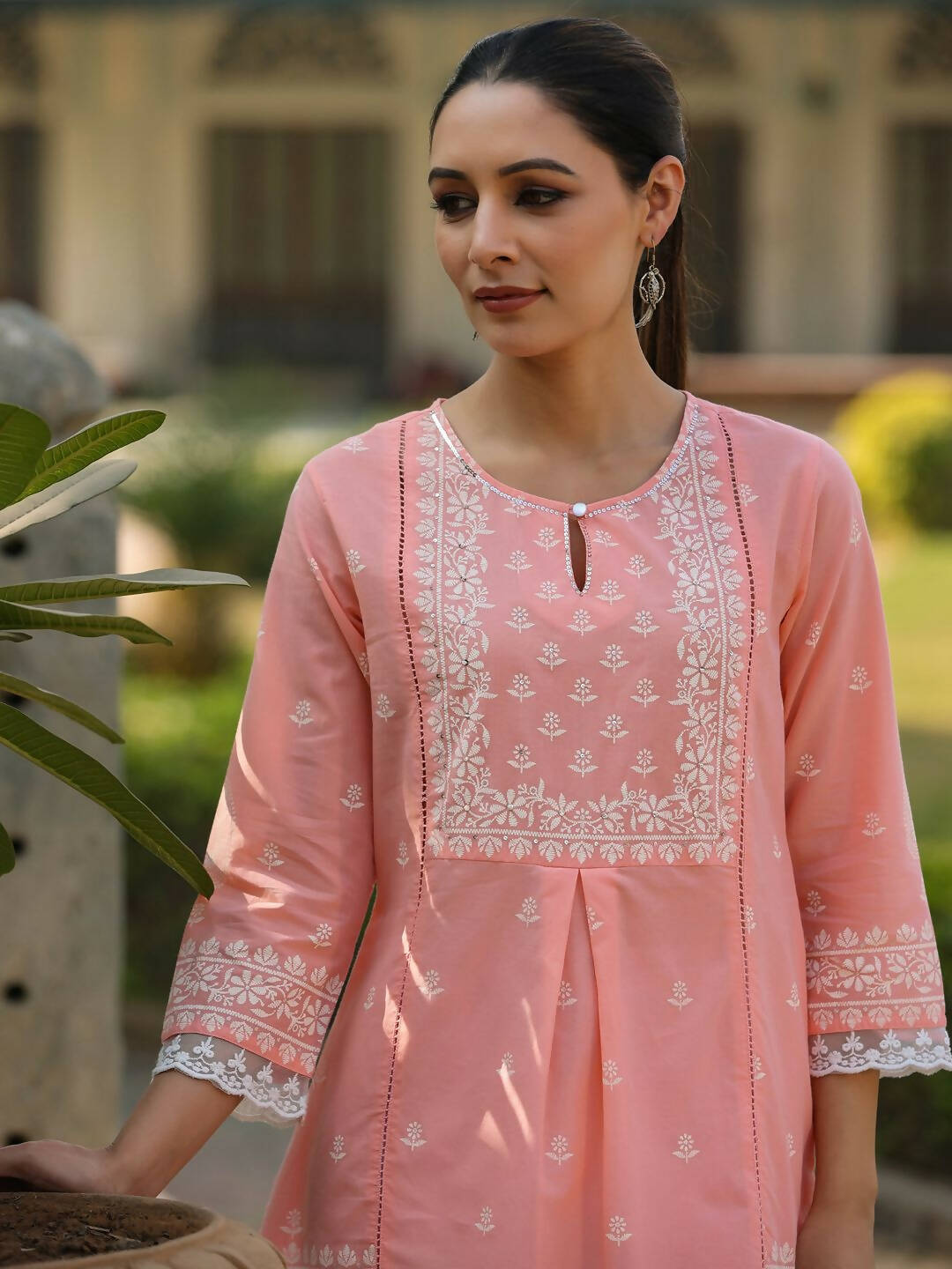 Juniper Women's Peach Cambric Floral Printed Tunic | Grocsy