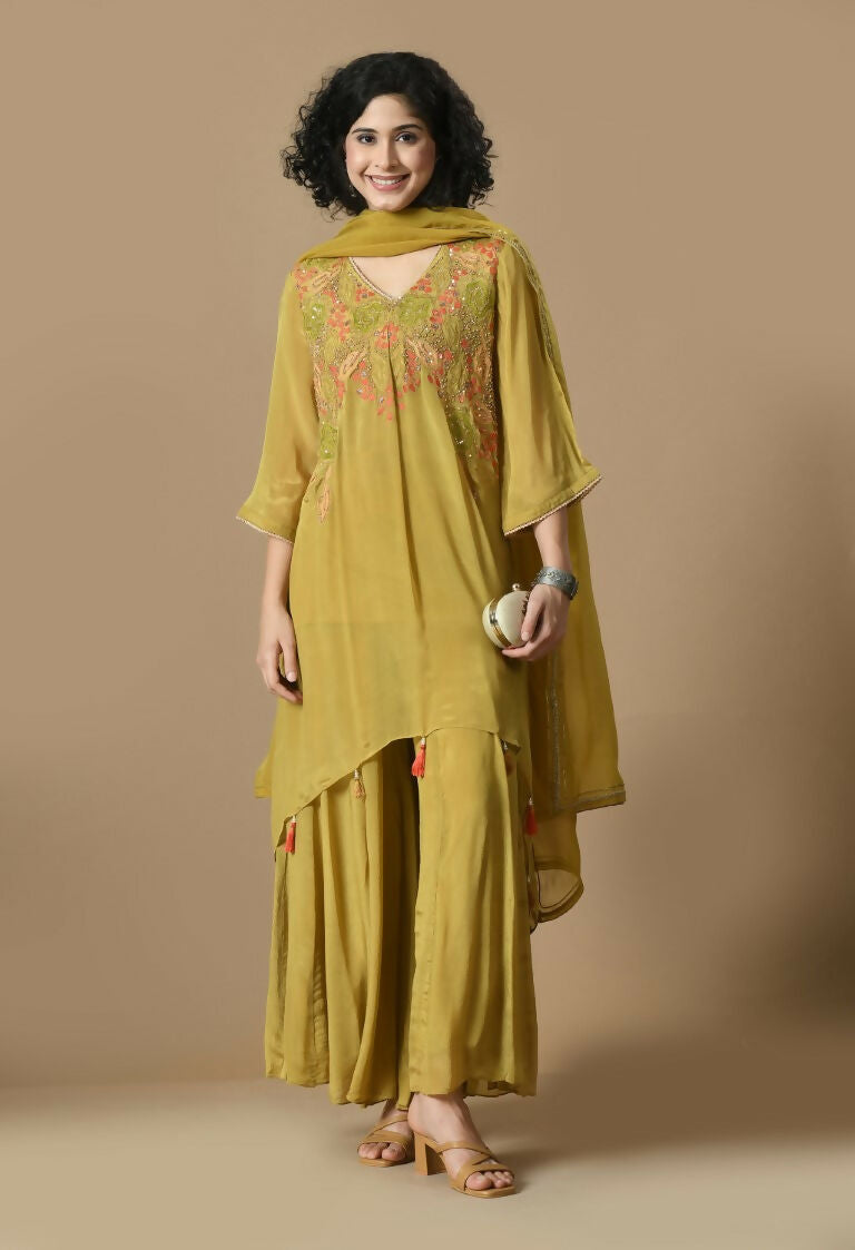 Joban Fashion Mehendi Chinnon Kurta Set | Grocsy