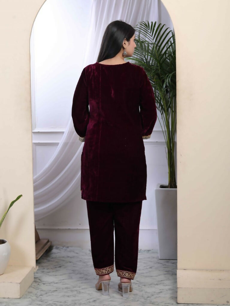 Miravan Women's Wine Embroidered Velvet Co-ord Set | Grocsy