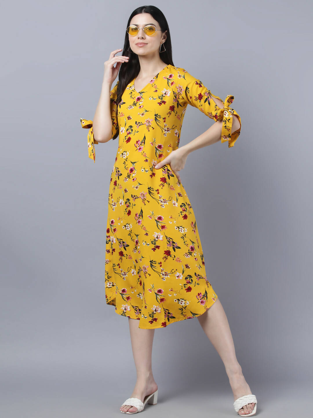 Myshka Women Yellow Floral Printed Flared Sleeves Thread Work Crepe Kurta | Grocsy
