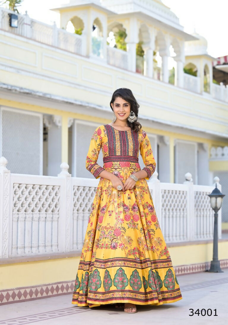 Partywear Designer Yellow Dola Silk Anarkali suit with Dupatta - Suzen | Grocsy