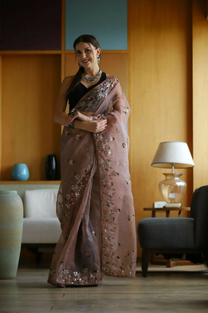 Vamsee Avantika Brown Organza Saree | Grocsy