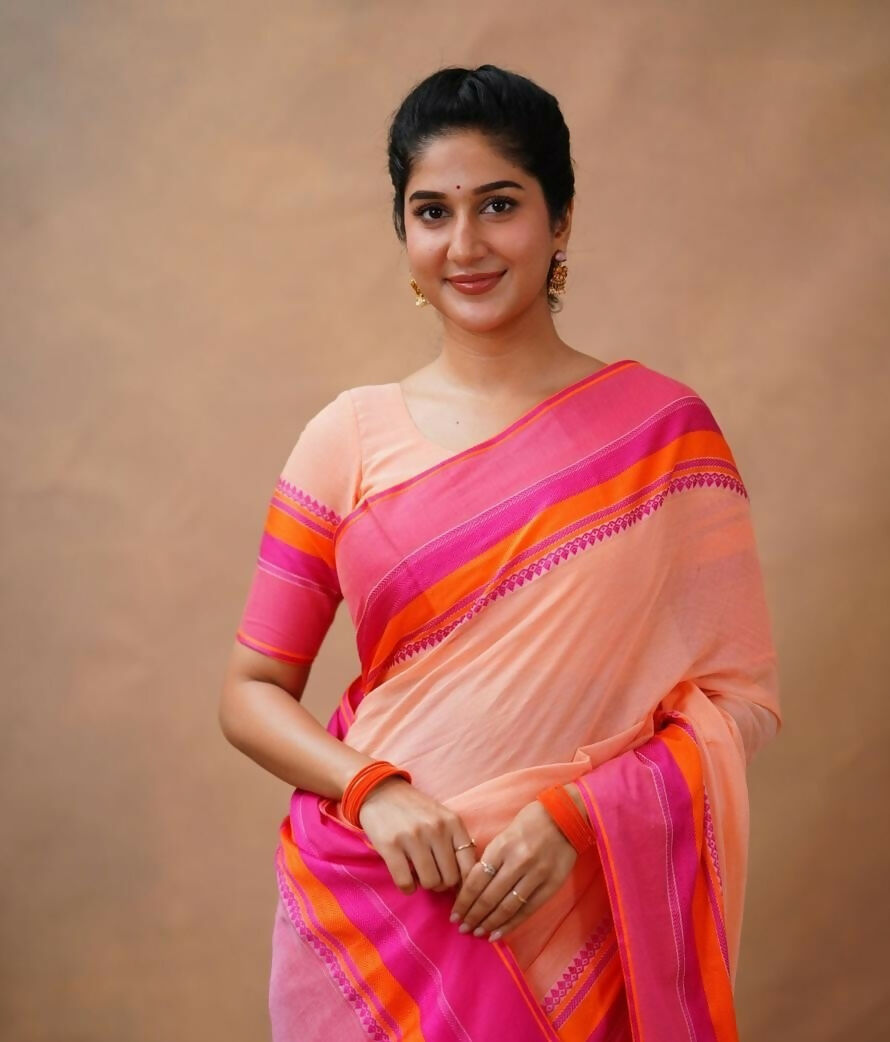 Exclusive Collection Light Orange Beautiful Khadi Cotton Handloom Saree | Grocsy