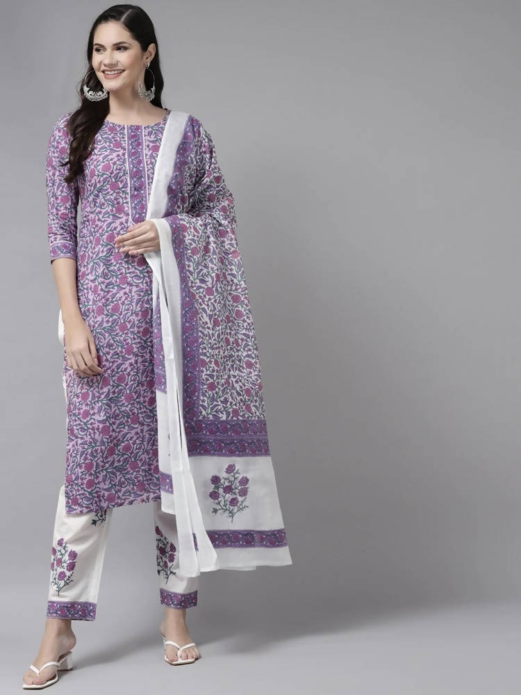 Yufta Women Lavender & White Ethnic Motifs Printed Kurta with Trouser & Dupatta | Grocsy
