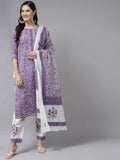 Yufta Women Lavender & White Ethnic Motifs Printed Kurta with Trouser & Dupatta | Grocsy