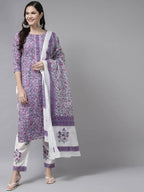 Yufta Women Lavender & White Ethnic Motifs Printed Kurta with Trouser & Dupatta | Grocsy