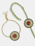 NVR Women & Men Set of 2 Gold Kundan-Studded Handcrafted Wraparound Rakhi Set With Roli Chawal | Grocsy