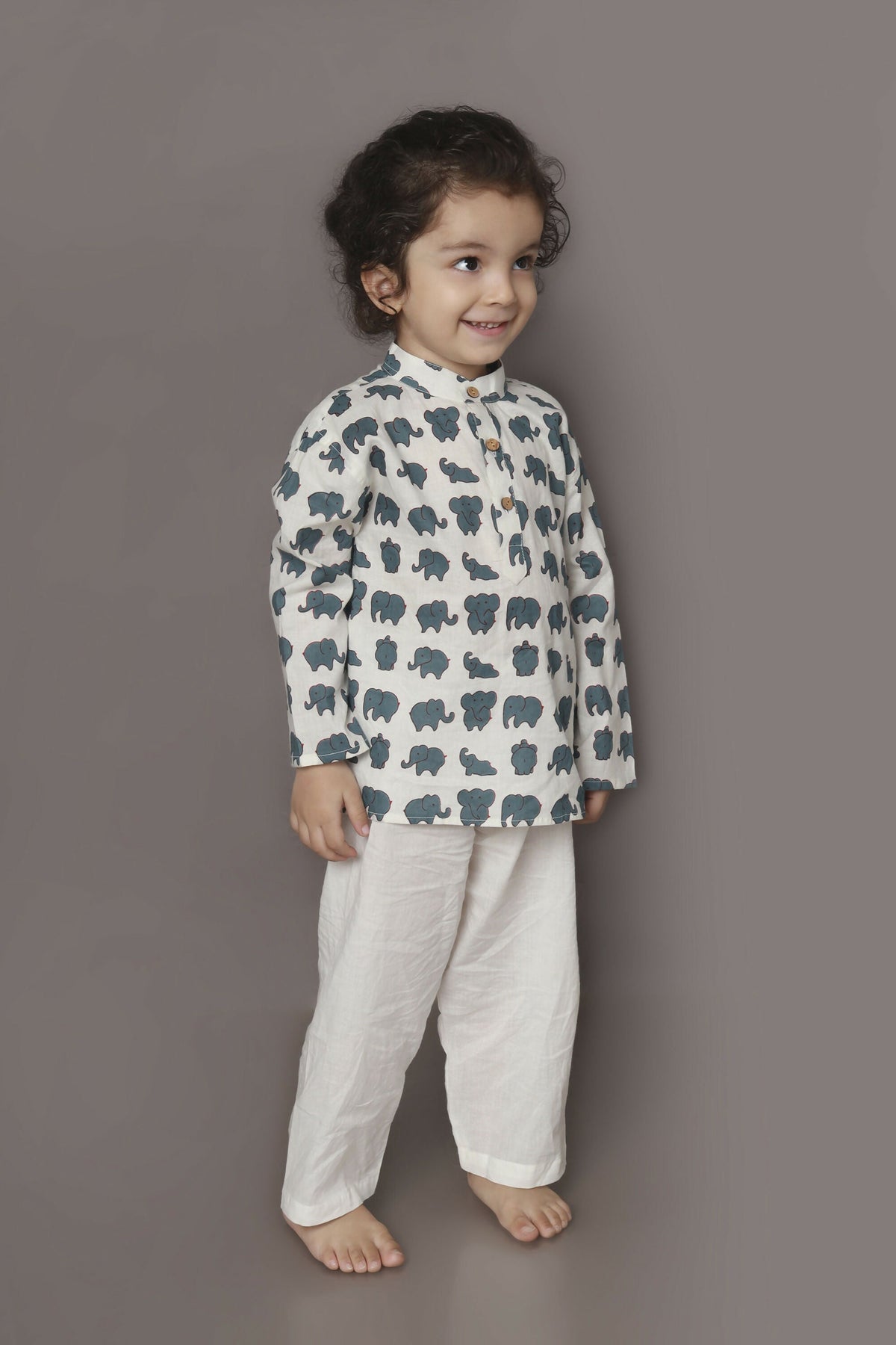 Breathables Kids Cotton Night Suit – White Elephant Print Kurta & Pyjama Co-Ord Set For Boys & Girls | Grocsy