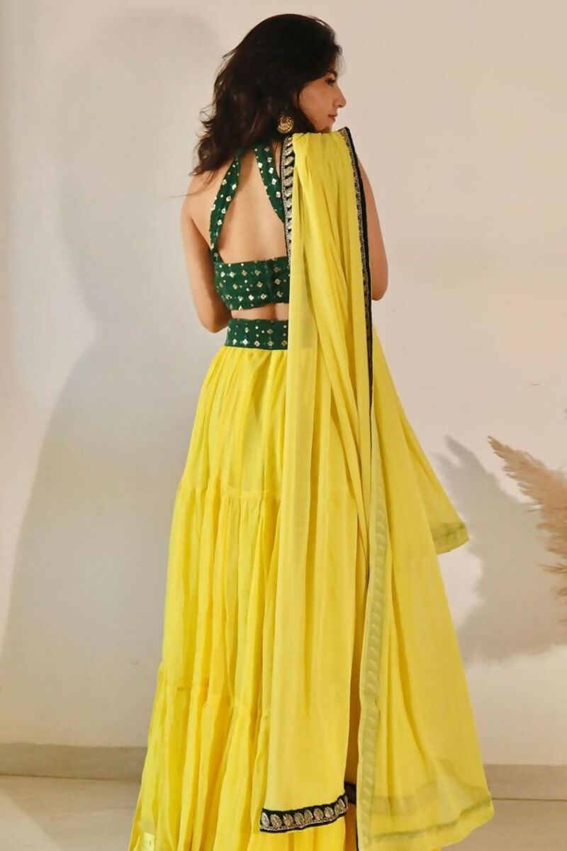 Jyoti Fashion Yellow Three Lair Frill Georgette Lehenga Choli with Dupatta | Grocsy