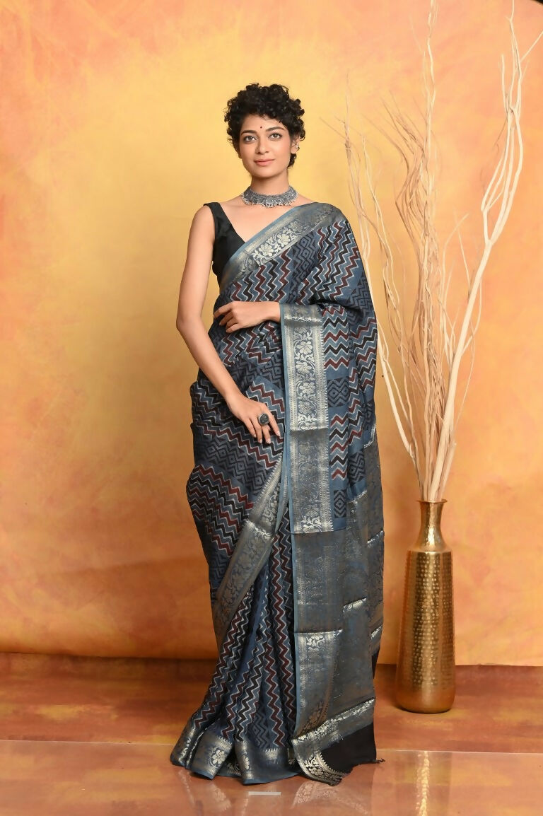 Very Much Indian Modal Silk Ajrakh Handblock Printed Natural Dyes With Designer Border Saree - Grey | Grocsy