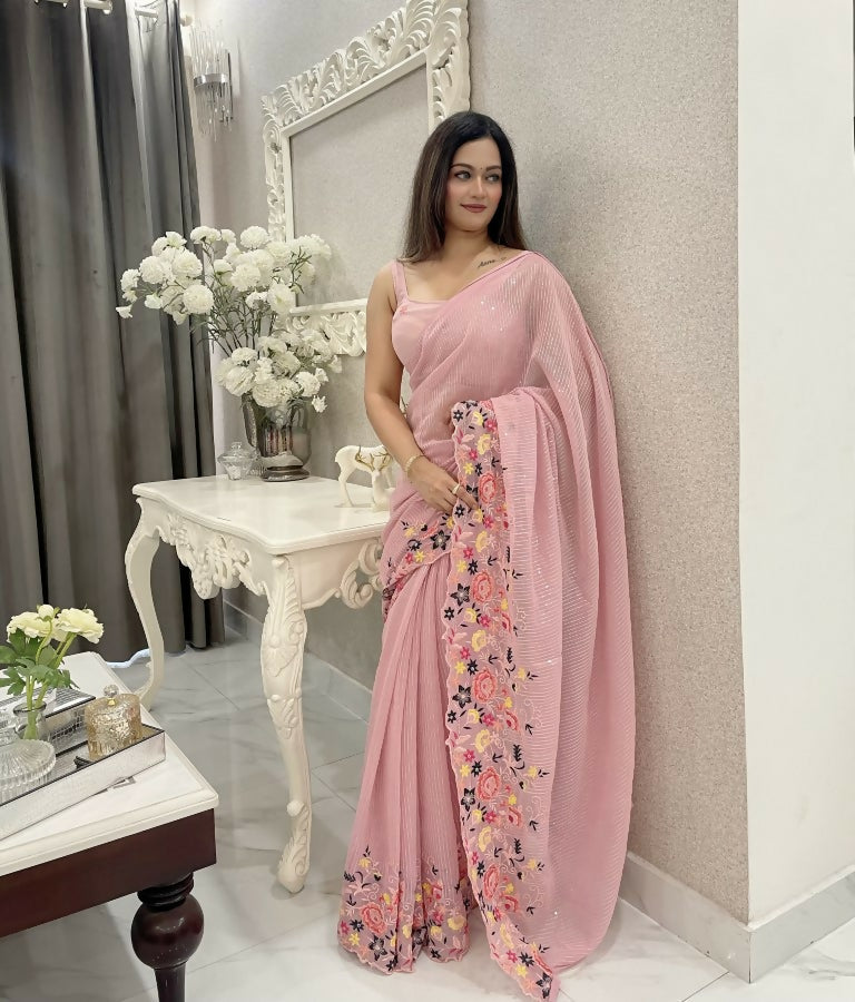Pink Shimmer Silk Multi Thread Sequence Embroidery Work Saree - Kashta | Grocsy