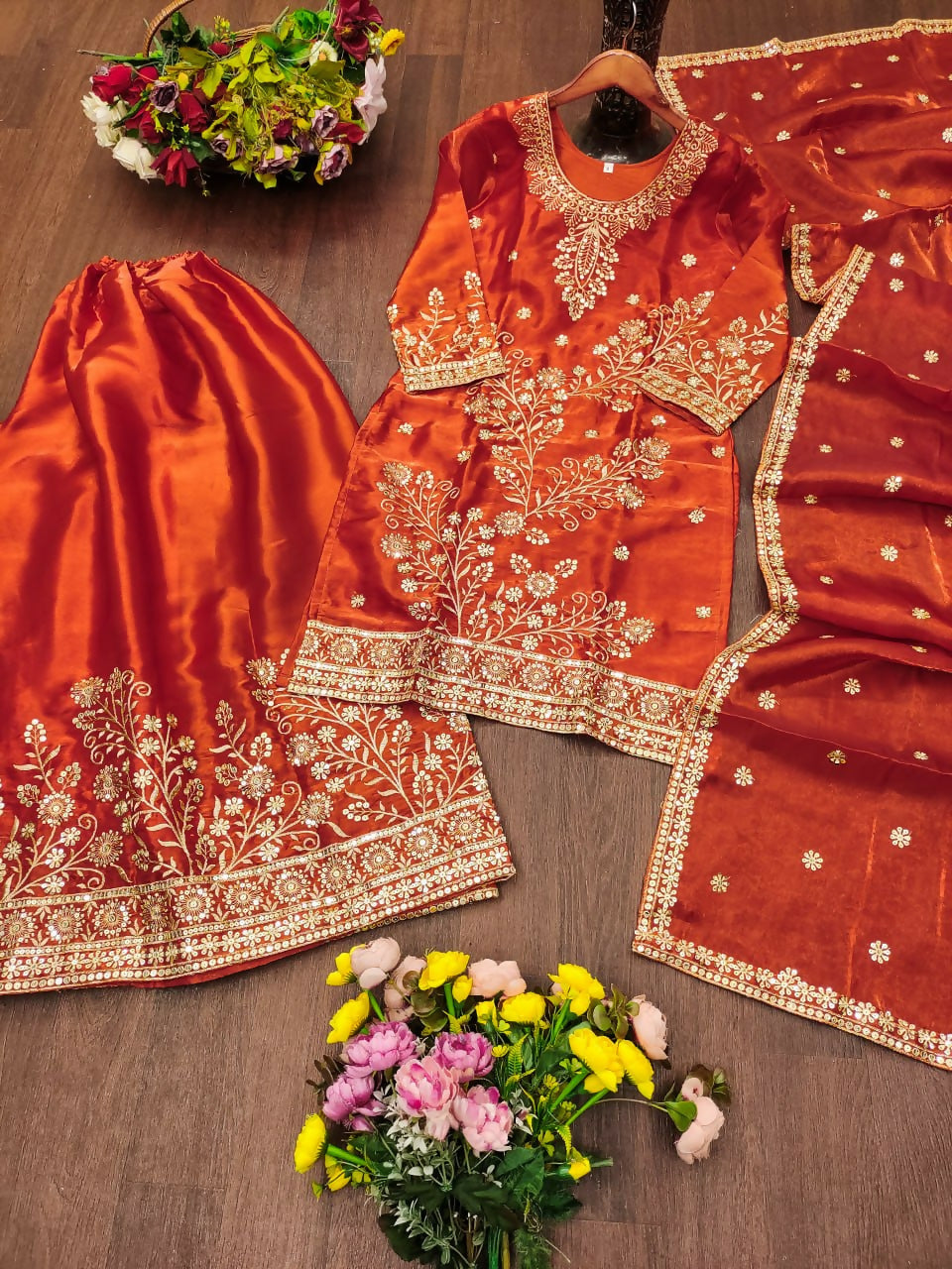 Teeya Creation New Trendy Stylish Rust Orange Embroidered Silk Sharara Suit Set With Dupatta | Grocsy