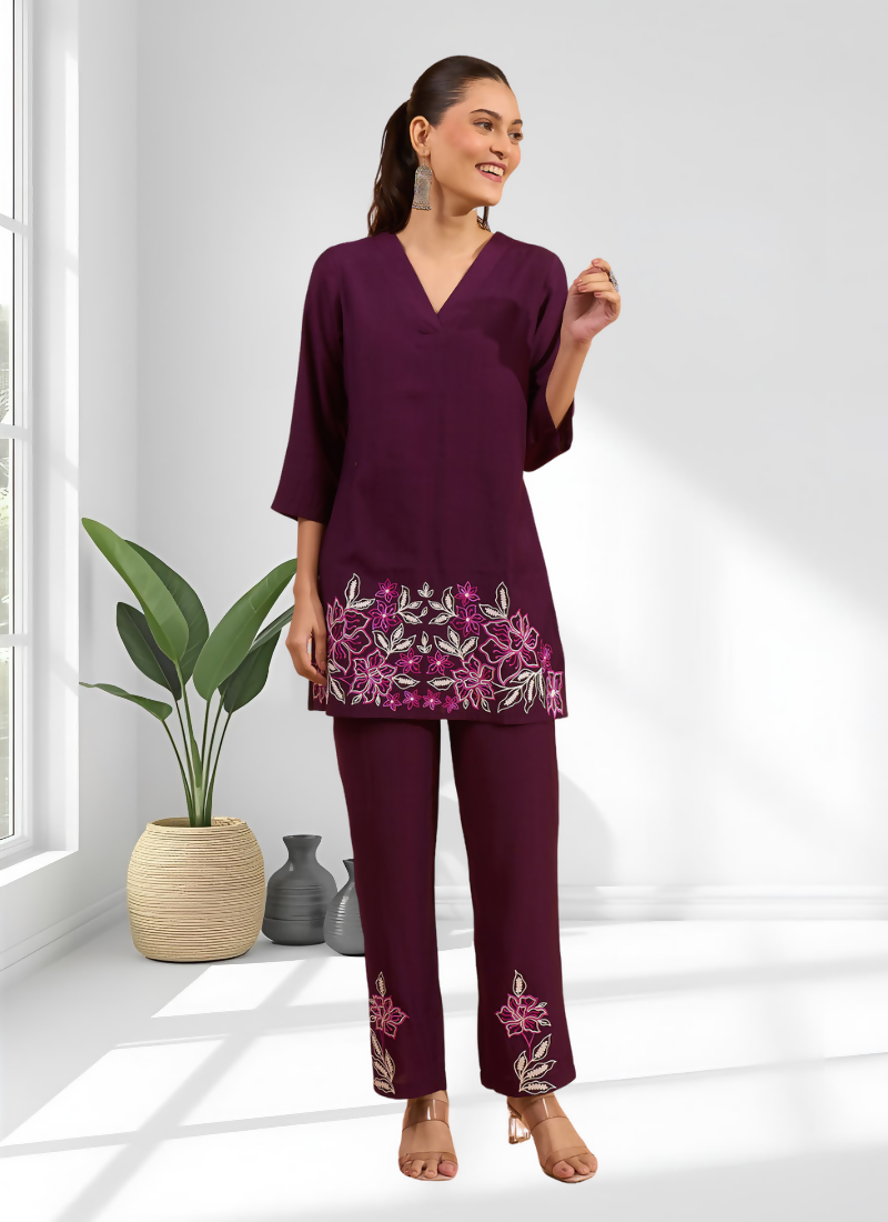 Joban Fashion Wine Silk Embroidered Readymade Cord Set | Grocsy