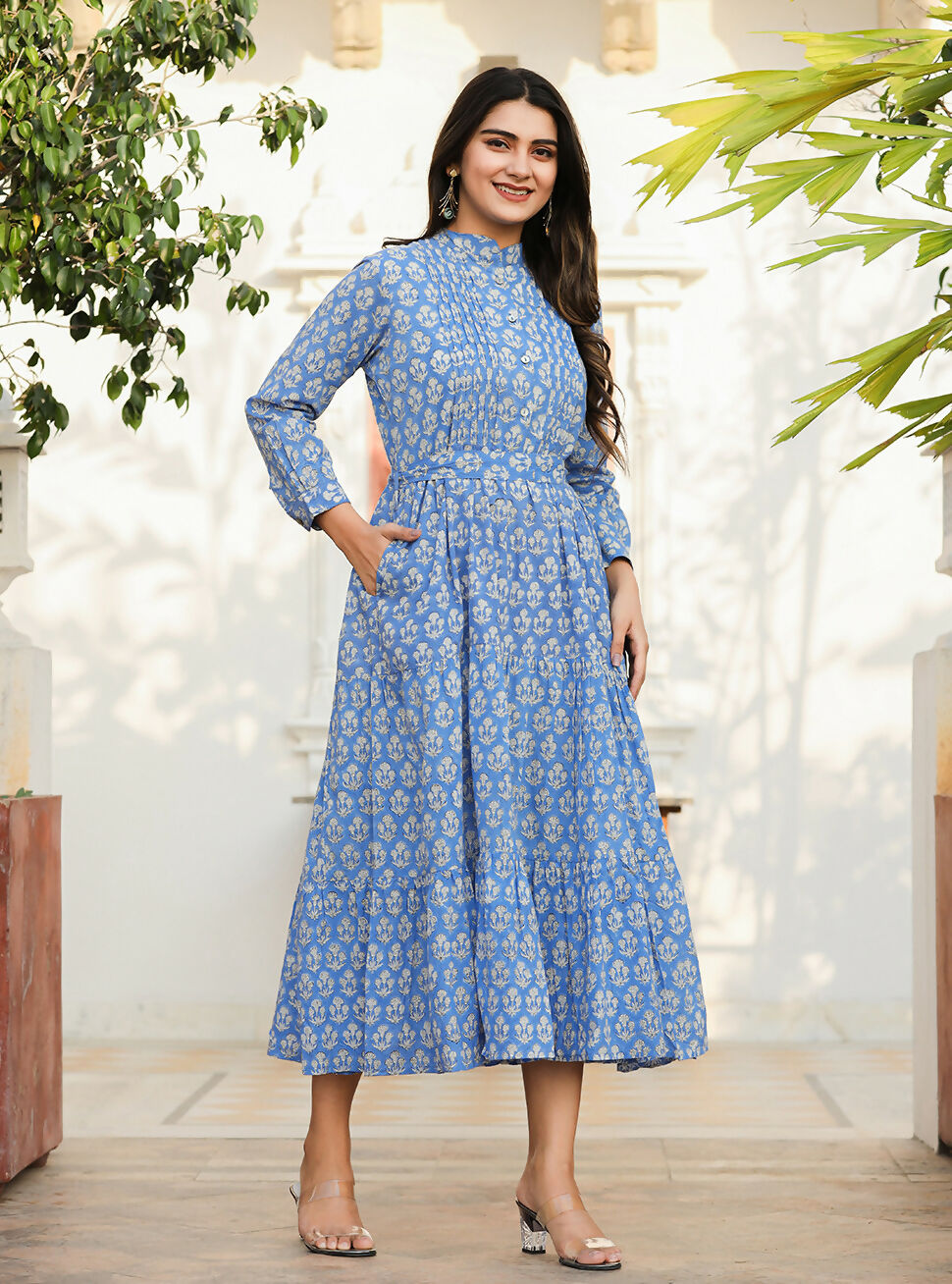 Kaajh Women's Blue Floral Handblock Print Cotton Dress | Grocsy
