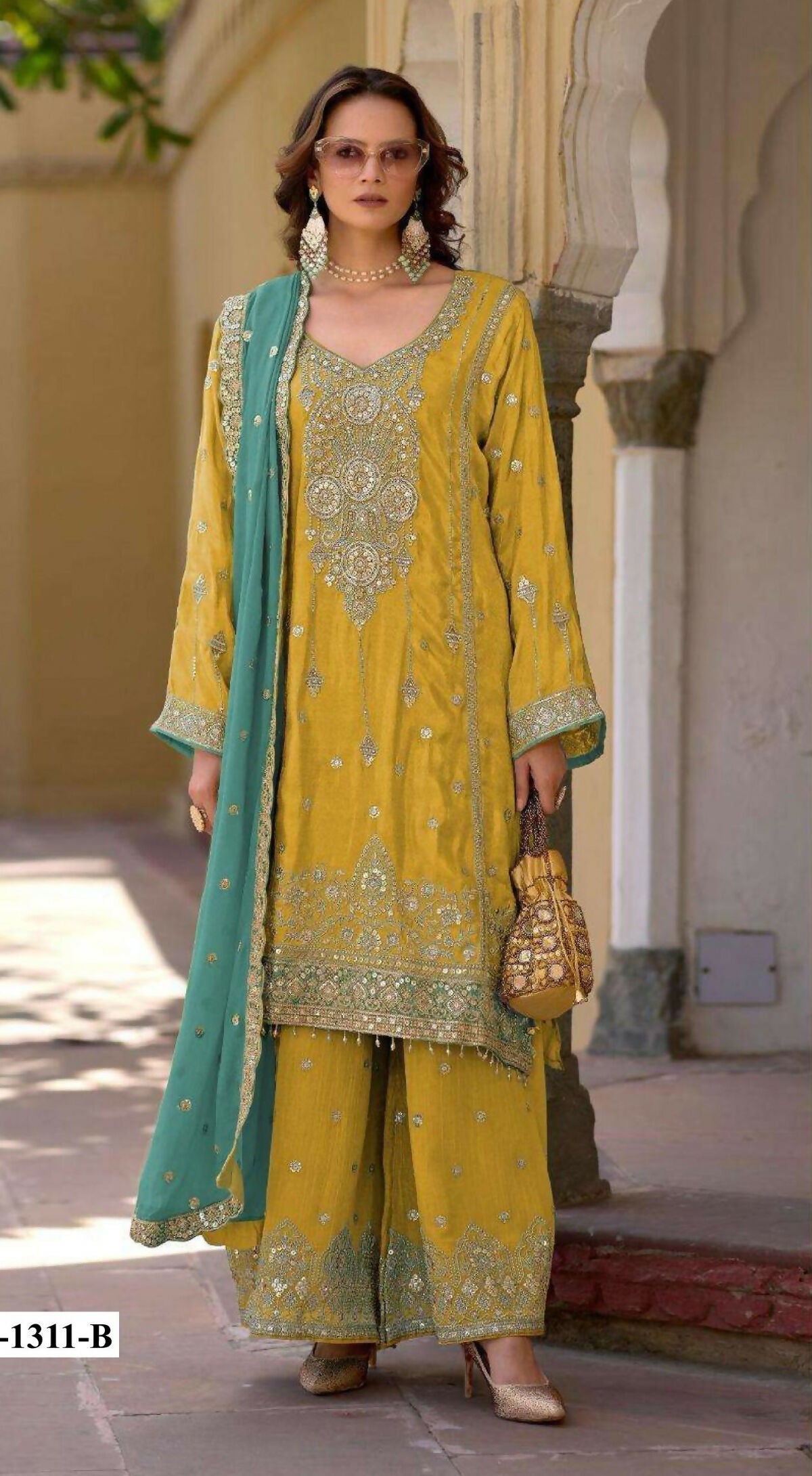 Anaita Yellow Heavy Chinon Suit With Embroidery Bits Work | Grocsy