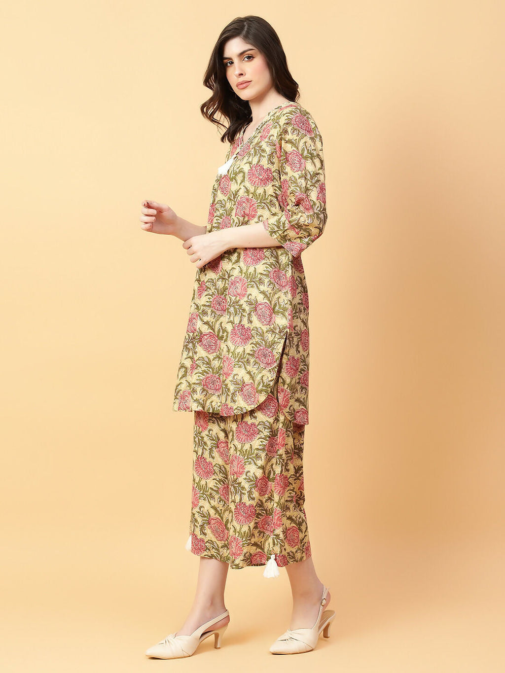 Joban Fashion Beige Cotton Printed & Hand Work Co-ord Set | Grocsy