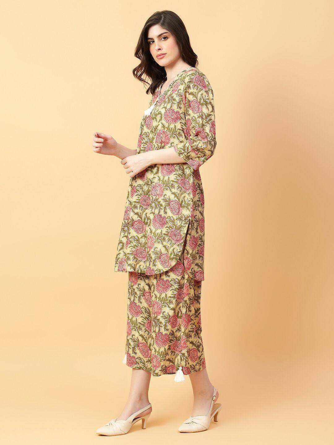 Joban Fashion Beige Cotton Printed & Hand Work Co-ord Set | Grocsy