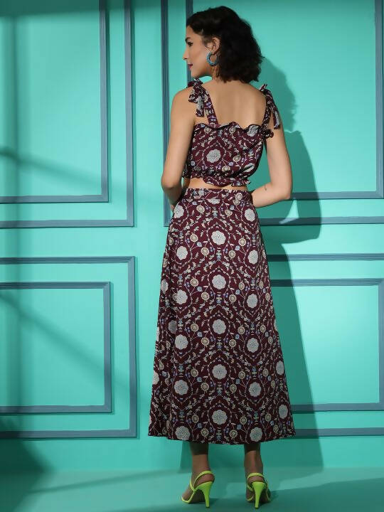 Wine Crepe Floral Printed Top with Matching Skirt - Shivani | Grocsy