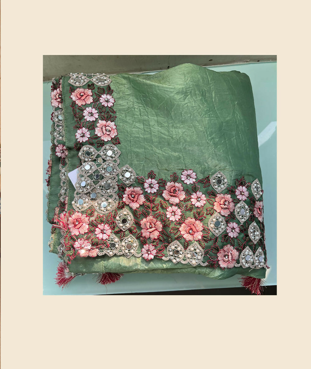 Green Banarasi Crush Silk Thread, Sequence, Cord Embroidered with Stone & Mirror Work Saree - Mohmanthan Dakshika | Grocsy