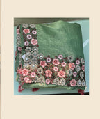 Green Banarasi Crush Silk Thread, Sequence, Cord Embroidered with Stone & Mirror Work Saree - Mohmanthan Dakshika | Grocsy