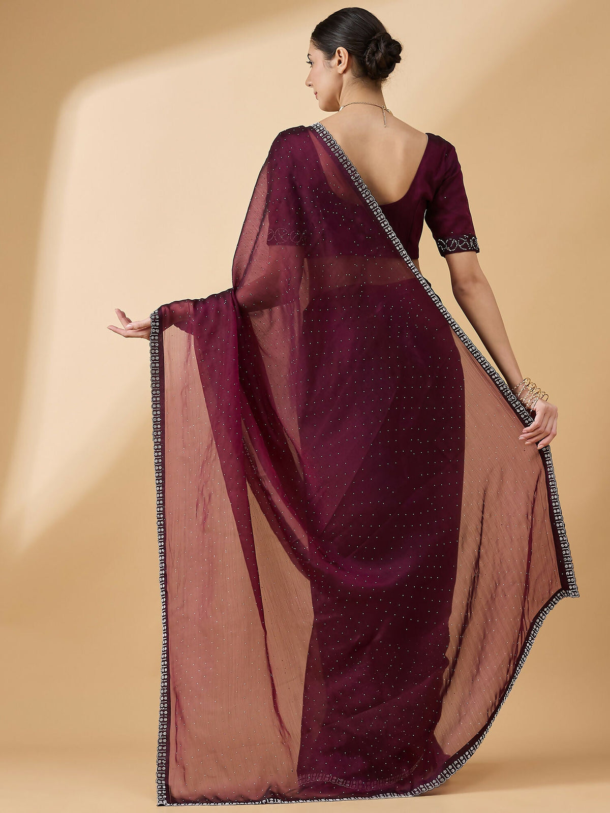 Purple Organza Swaroski Diamond Work Saree with Unstitched Blouse - Radha | Grocsy