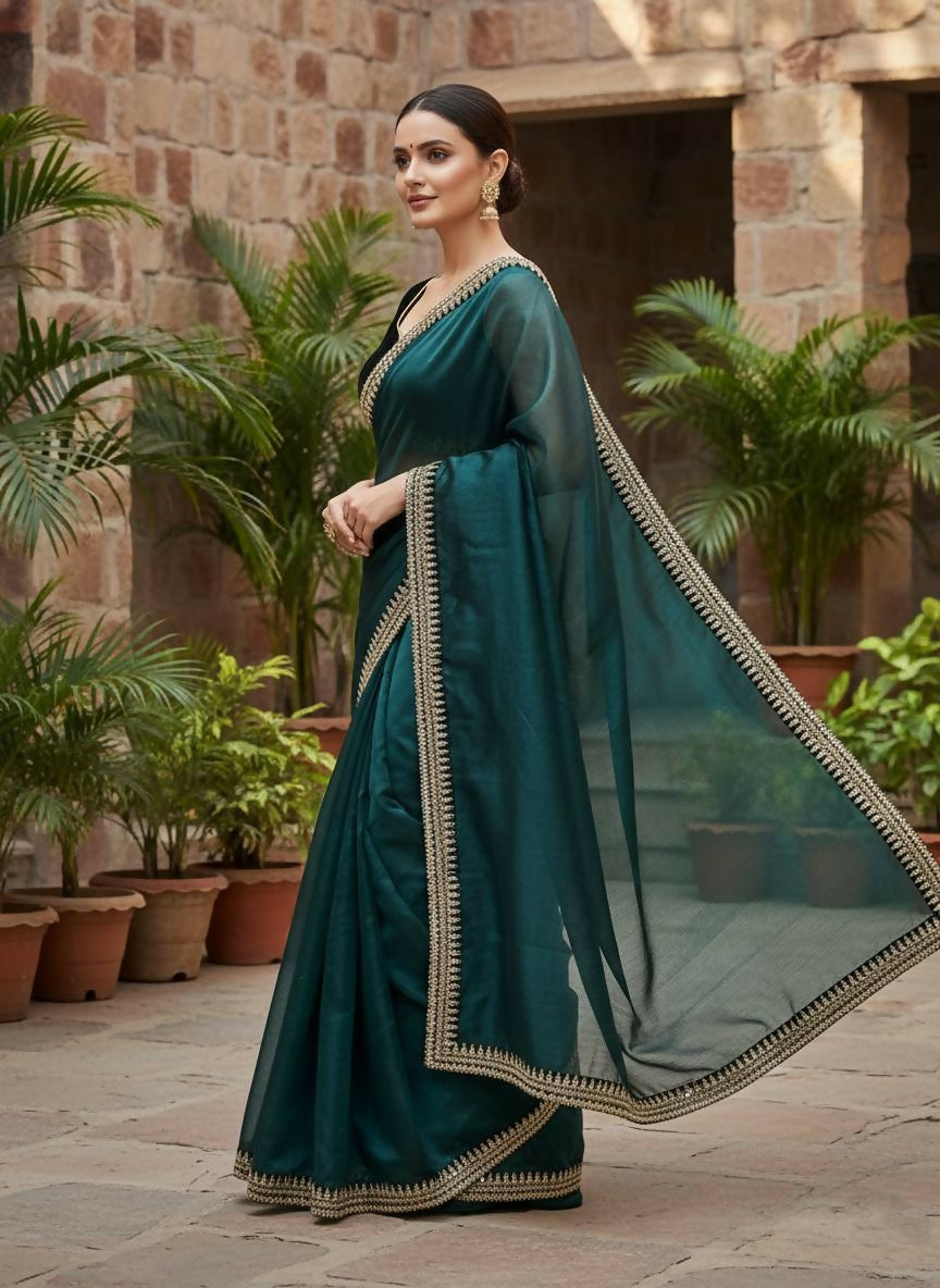Joban Fashion Petrol Soft twill Net Party Wear Sarees | Grocsy