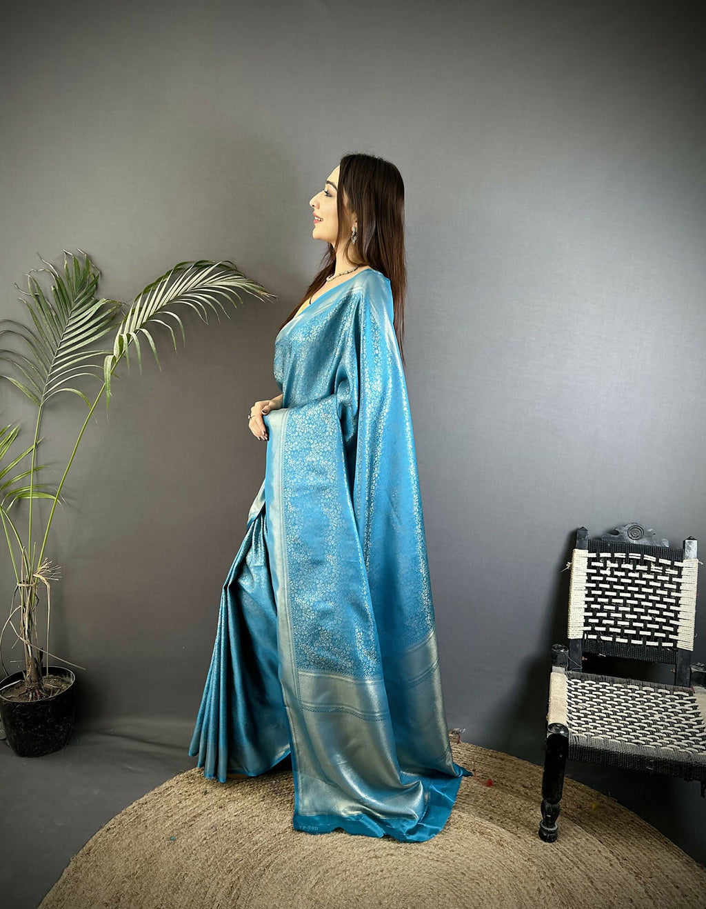 Joban Fashion Ocean Blue Floral Motifs & Ethnic Design Soft Satin Silk Kanchipuram Saree | Grocsy