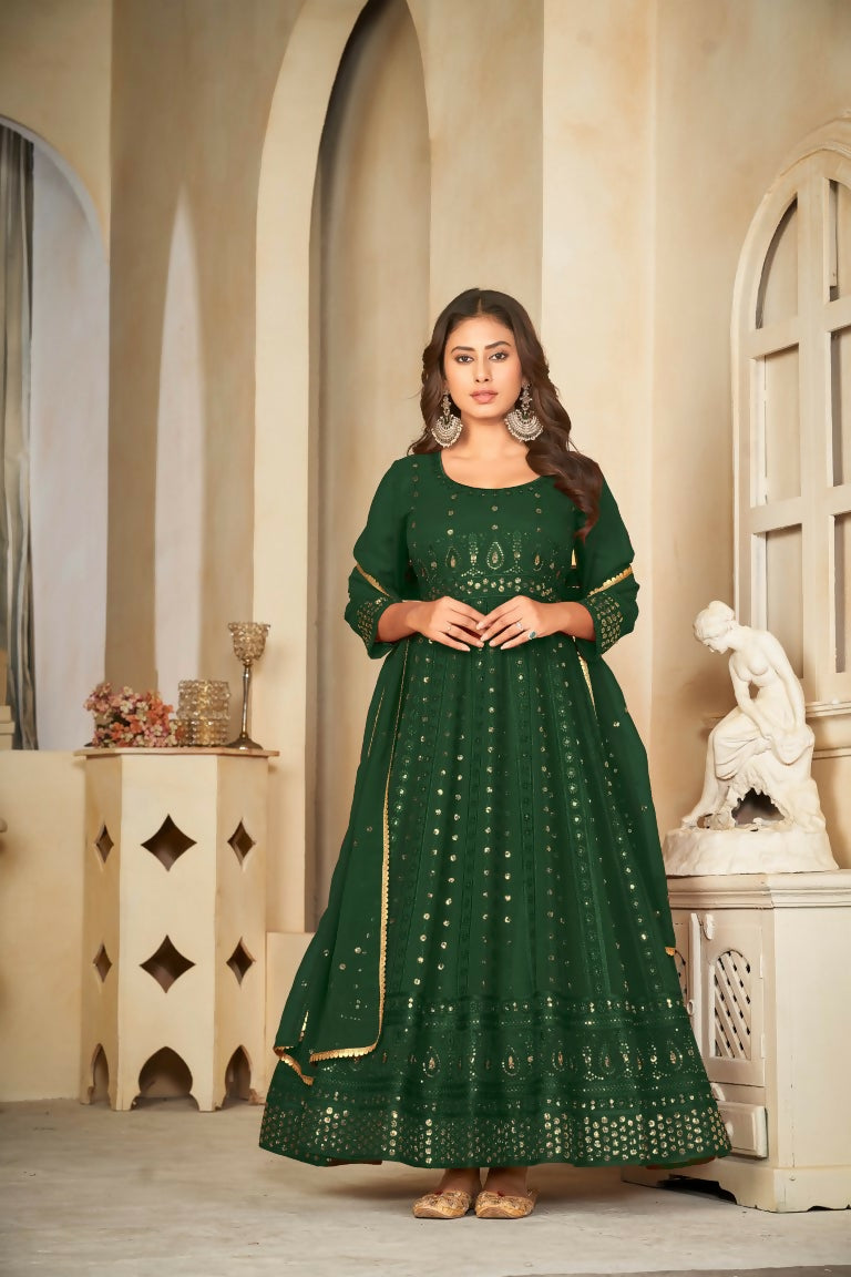 Jyoti Fashion Women's Green Georgette Embroidered Anarkali Kurta Pant Set With Dupatta | Grocsy