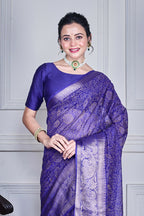 Morchari Dark Blue Script Printed Orzanga Saree Unstitched Blouse | Grocsy