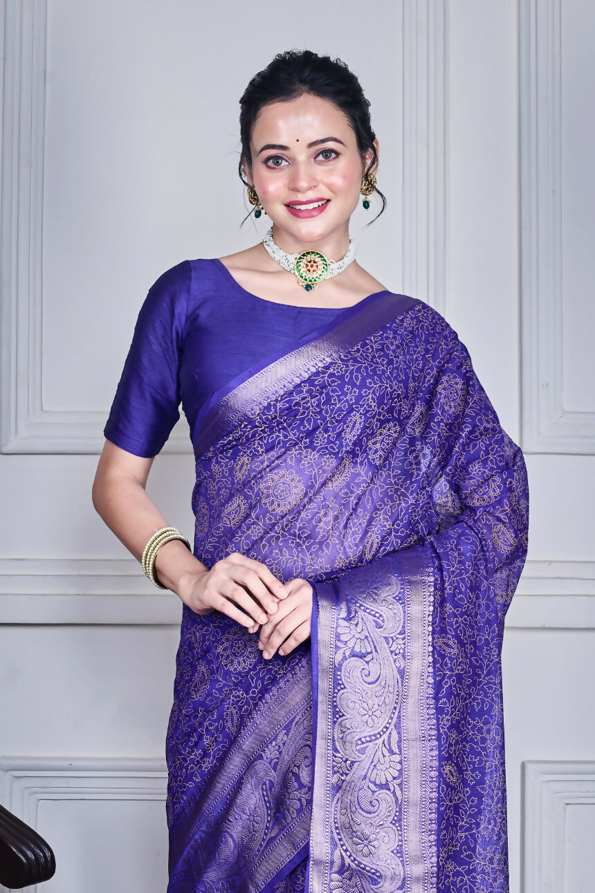 Morchari Dark Blue Script Printed Orzanga Saree Unstitched Blouse | Grocsy