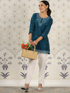 Teal Chinon Embroidered Straight Top - Zeny | Grocsy