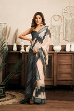 Joban Fashion White & Grey Ethnic Motifs Linen Ready To Wear Saree With Unstitched Blouse | Grocsy