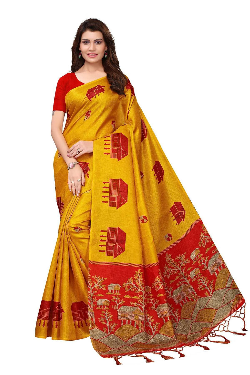 Vamika Latest Fashion Yellow & Red Kalamkari With Jhalar Khadi Silk Saree | Grocsy