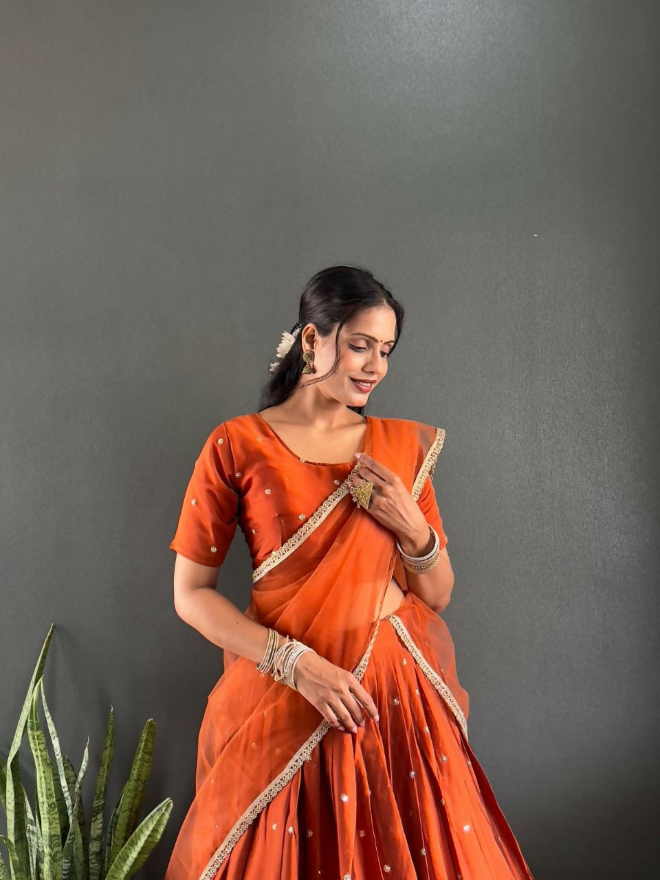 Teeya Creation New Trendy Stylist South Style Lehenga Choli Set - Orange | Grocsy