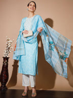 Myshka Women Blue Printed Kurta & Trousers With Dupatta | Grocsy
