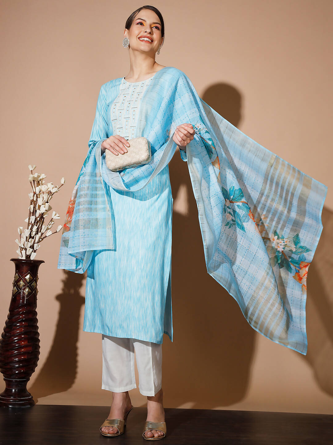 Myshka Women Blue Printed Kurta & Trousers With Dupatta | Grocsy