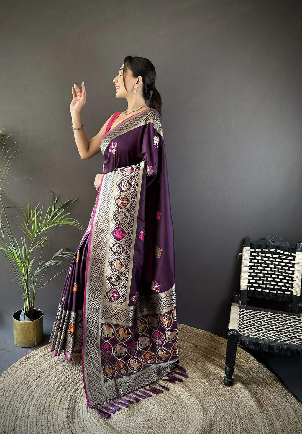 Joban Fashion Wine Elephant & Floral Motifs Soft Lichi Silk Banarasi Saree | Grocsy